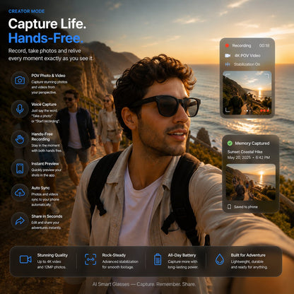 AI Smart Glasses 4K POV Camera | Multi-Language Translation & AR Navigation