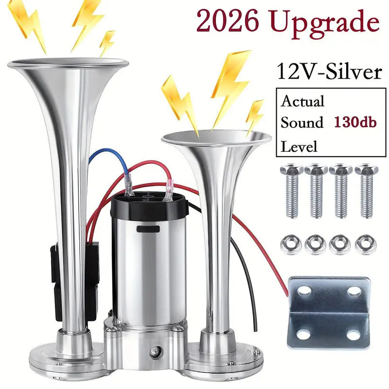 2026 Upgraded 12V 130DB Air Horn Dual Horn, Horn Kit with Air Compressor
