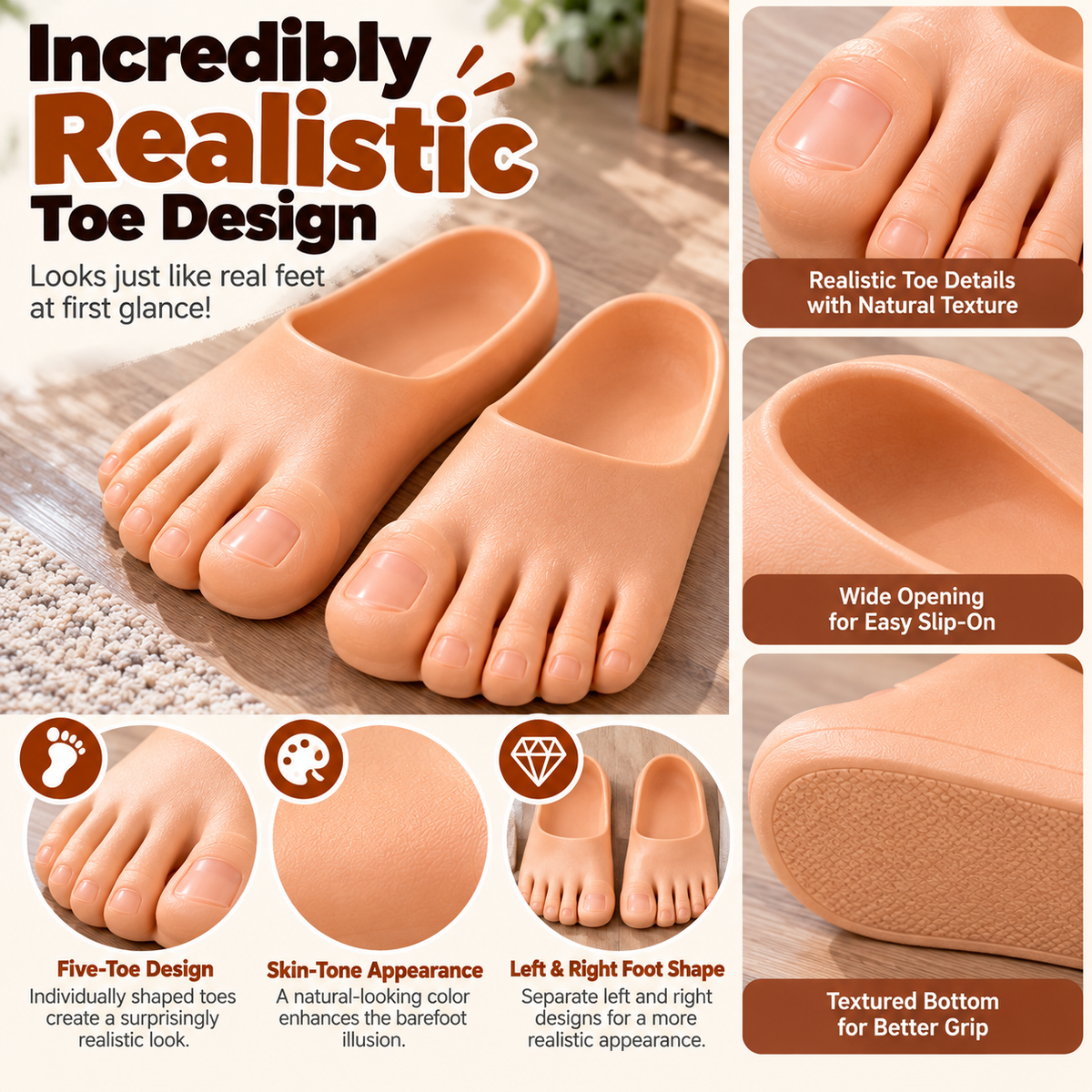 Realistic Barefoot Slippers Funny Giant Toe Slides, Hilarious Prank Gift