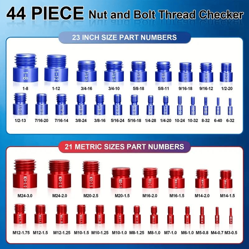 Portable Bolt & Nut Size Gauge 44-Piece Inch & Metric Thread Checker, Clear Markings, Stainless Steel, Tool Box Included