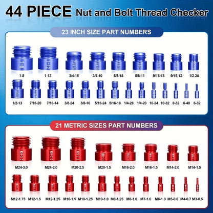 Portable Bolt & Nut Size Gauge 44-Piece Inch & Metric Thread Checker, Clear Markings, Stainless Steel, Tool Box Included