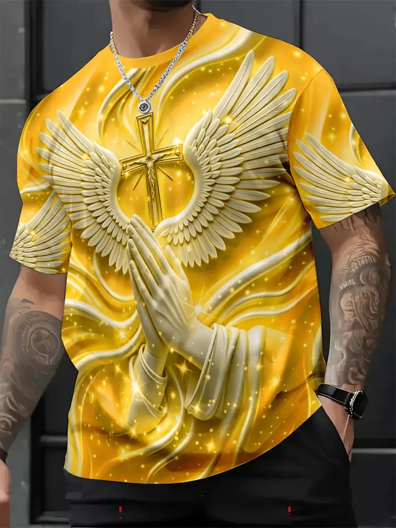 Men's Religious Angel Wings Cross 3D T-Shirt | Faith-Inspired Short Sleeve Summer Tee