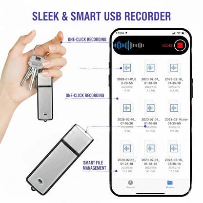 USB Flash Drive Voice Recorder 2-in-1 Voice Activated, Smart Noise Reduction, Auto File Save