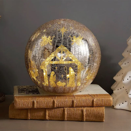 Light-up cracked glass ball with Jesus and reindeer design