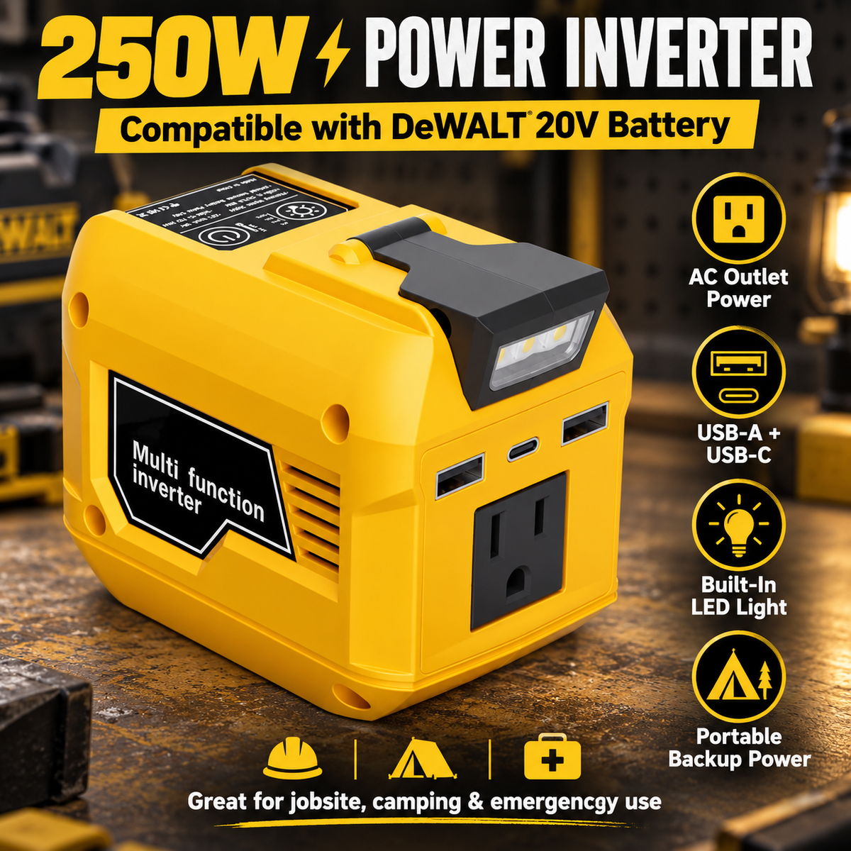 250W Power Inverter Compatible with DeWALT 20V Battery Converter