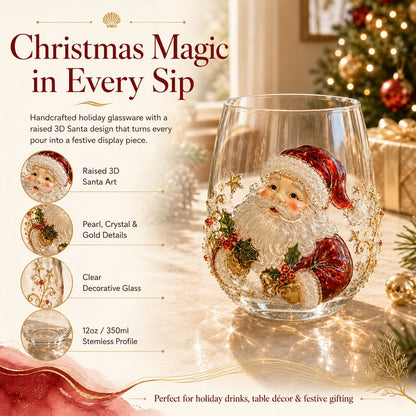 Christmas 3D Christmas Glass Art Cup | Luxury Raised Holiday Glassware for Drinks, Decor & Christmas Gifts