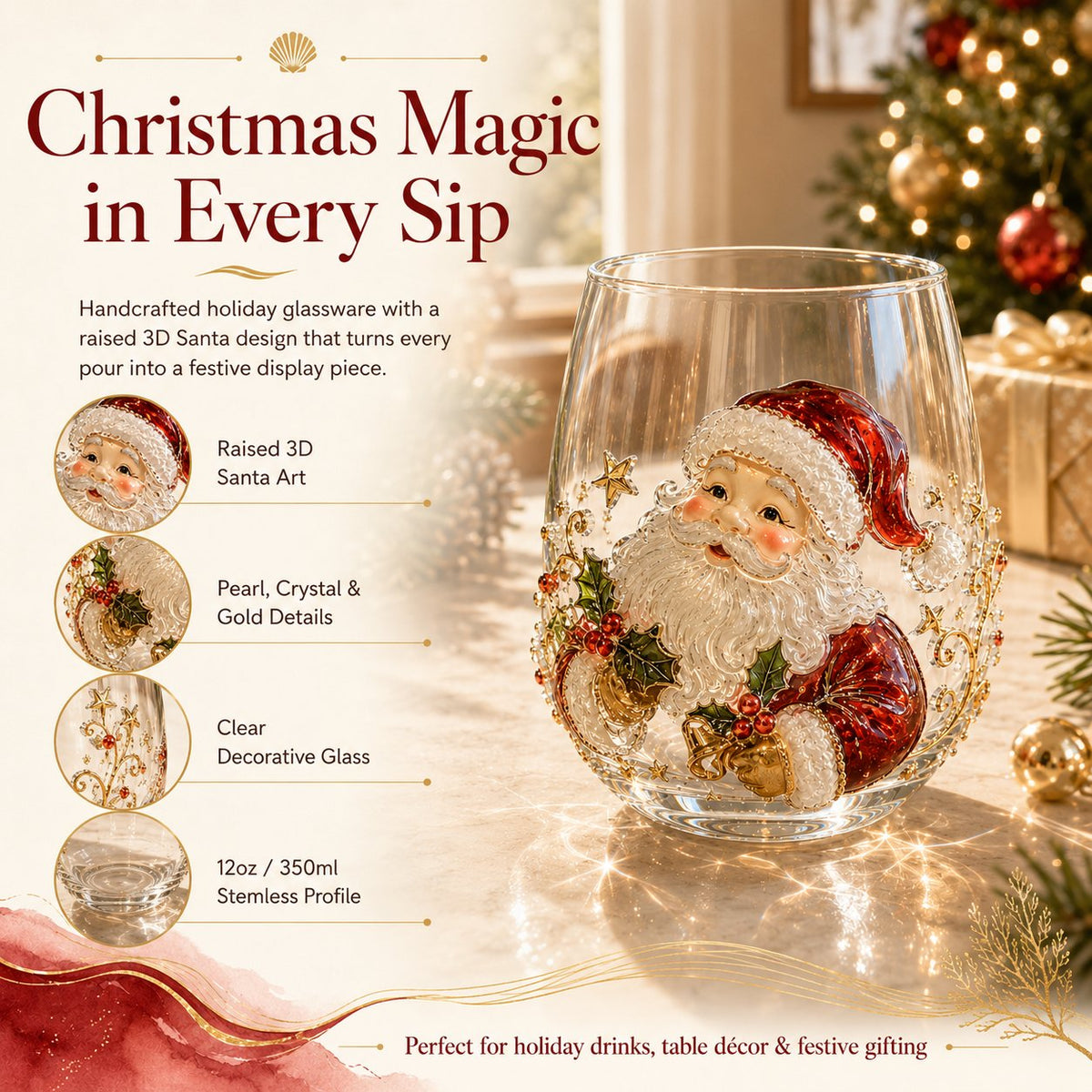 3D Christmas Glass Art Cup | Luxury Raised Holiday Glassware for Drinks, Decor & Christmas Gifts