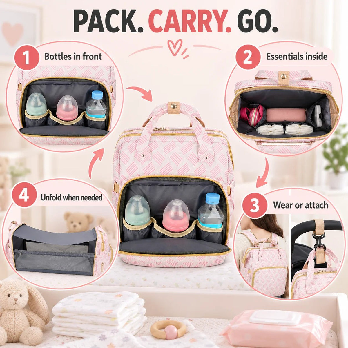 Diaper Bag Backpack with Changing Mat & Insulated Pockets