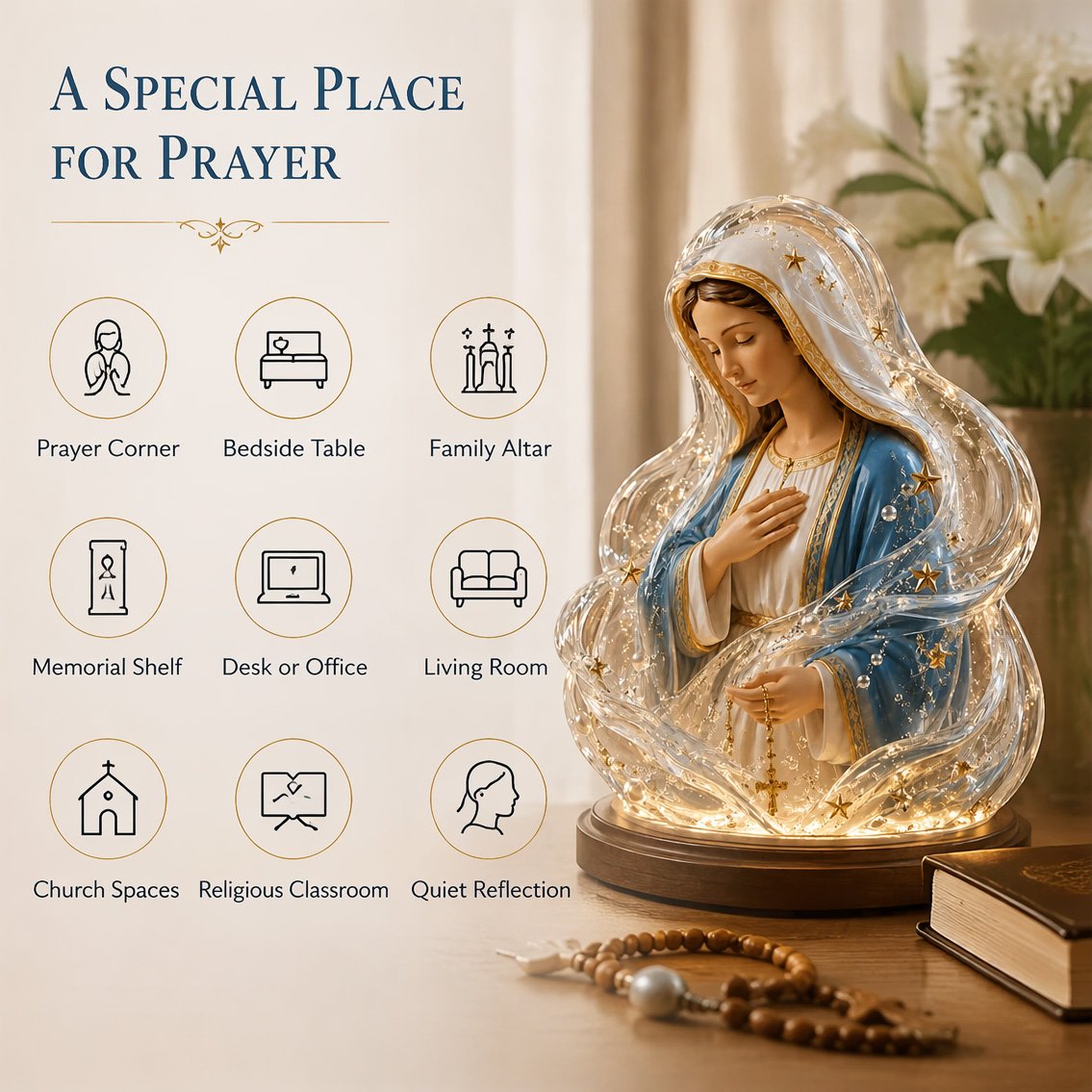 Our Lady of Starlight Illuminated Prayer Statue | Religious Decor & Faith Gift