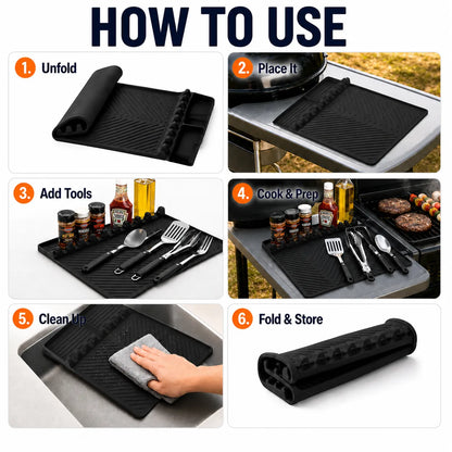 16.5" 11" Silicone Grill Side Shelf Mat Heat-Resistant, Non-Slip & Dishwasher Safe BBQ Organizer