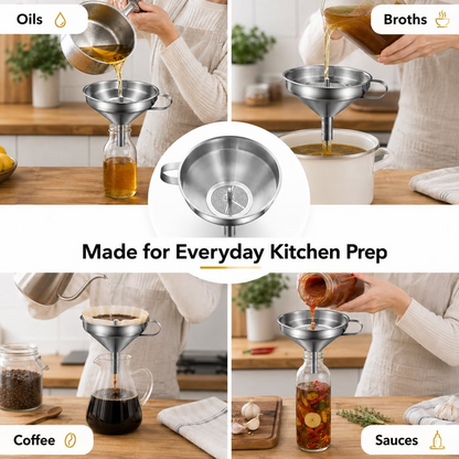 Heavy-Duty Stainless Steel Kitchen Funnel (Strainer Included)