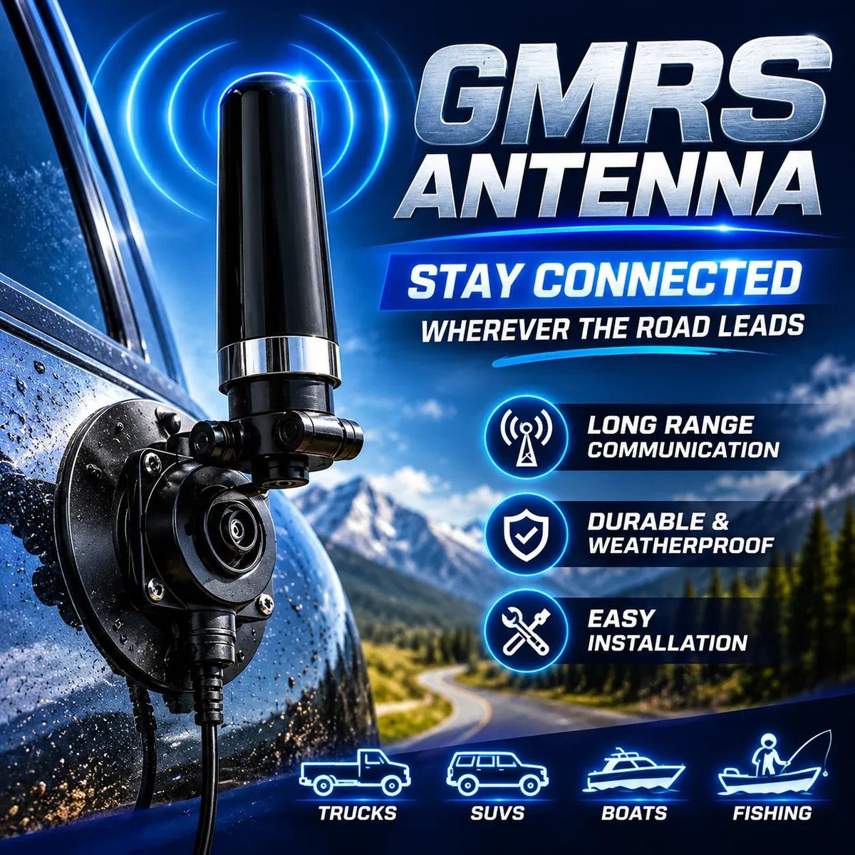 Universal GMRS Antenna Mount Heavy-Duty Radio Antenna Bracket for Cars, SUVs, Trucks, Off-Road Vehicles & Boats
