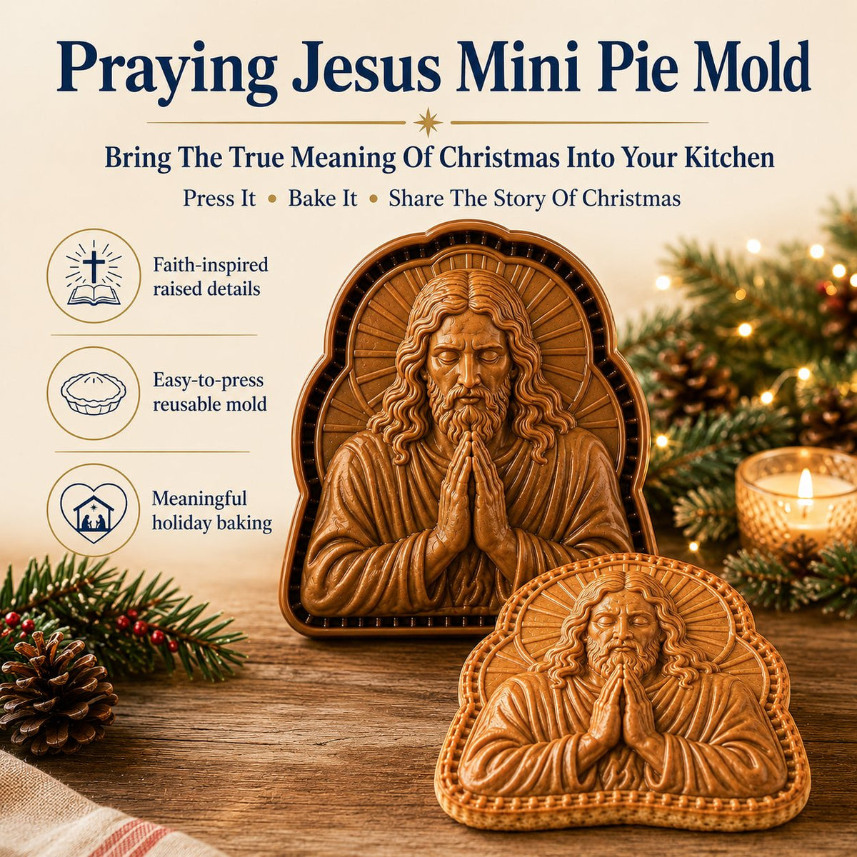 Faith & Nativity Christmas Mini Pie Mold Collection | Reusable Embossed Molds for Shaping Detailed Praying Jesus