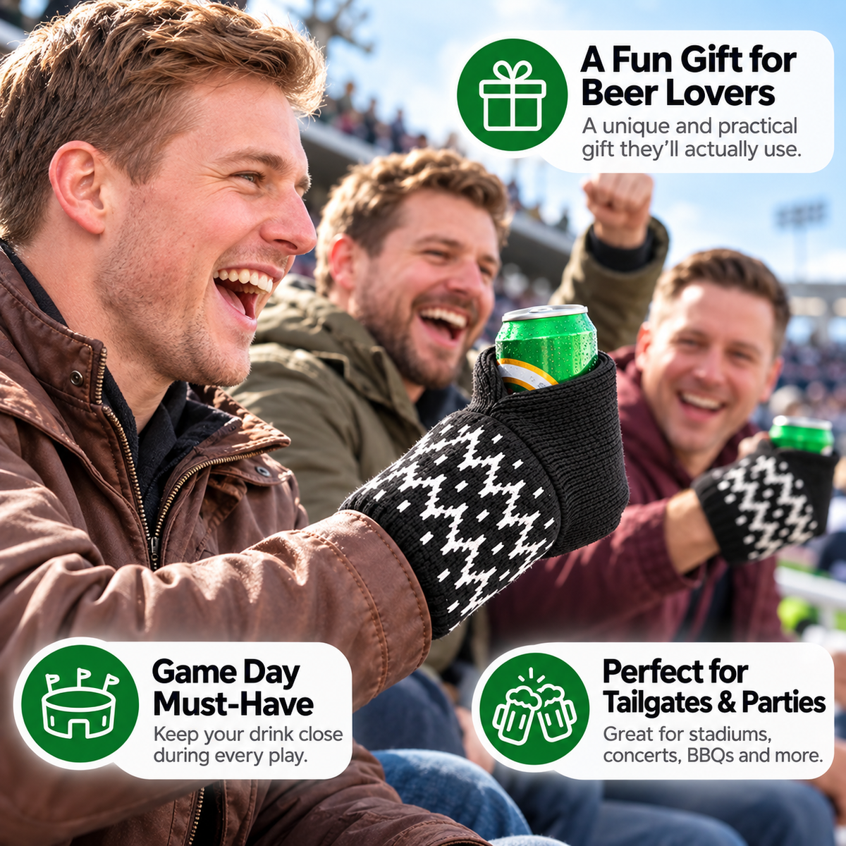Hands-Free Wearable Can Holder Cozy Knit Drink Sleeve for Game Day