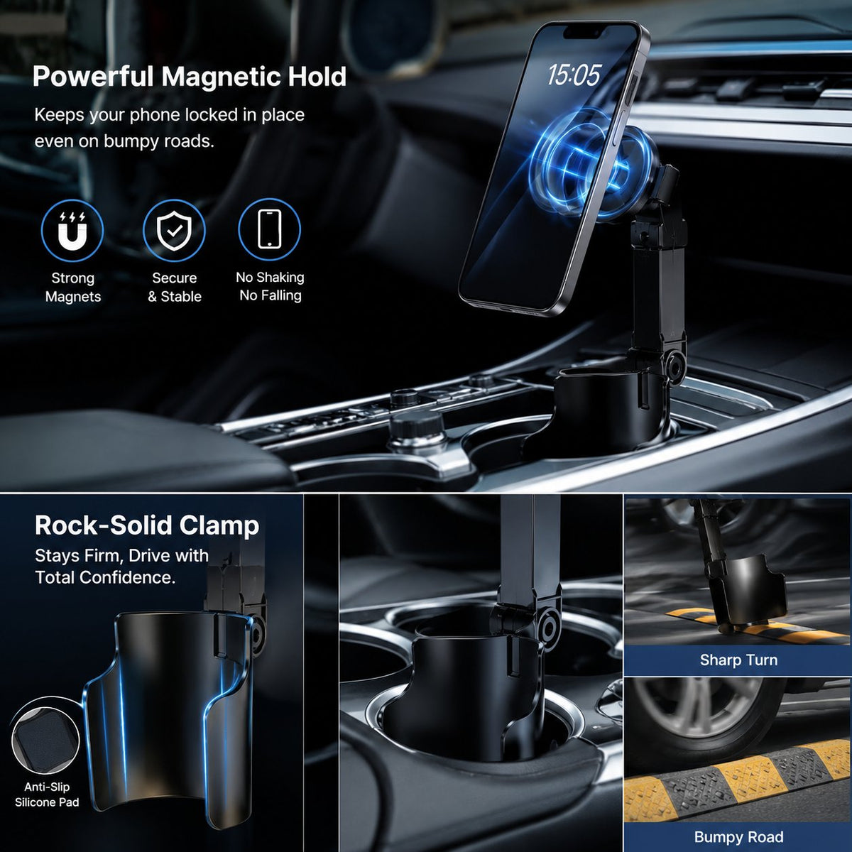 Car Cup Holder Phone Mount 360 Adjustable, Strong N52 Magnet, One-Handed Operation, Fits All Phones