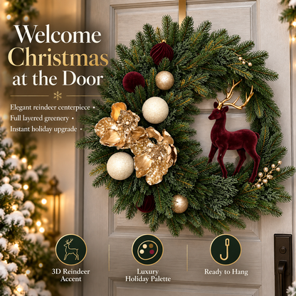 Luxury Burgundy Reindeer Christmas Wreath Elegant Champagne Gold Front Door Holiday Decor