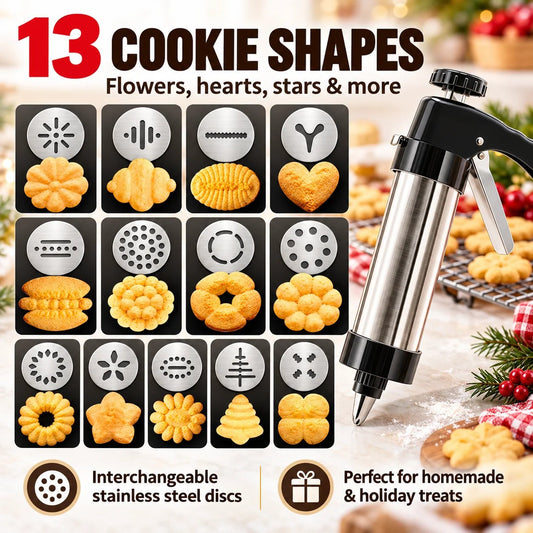 Stainless Steel Cookie Press & Decorating Kit | 13 Cookie Discs + 8 Icing Tips for Cookies, Cupcakes & Cakes
