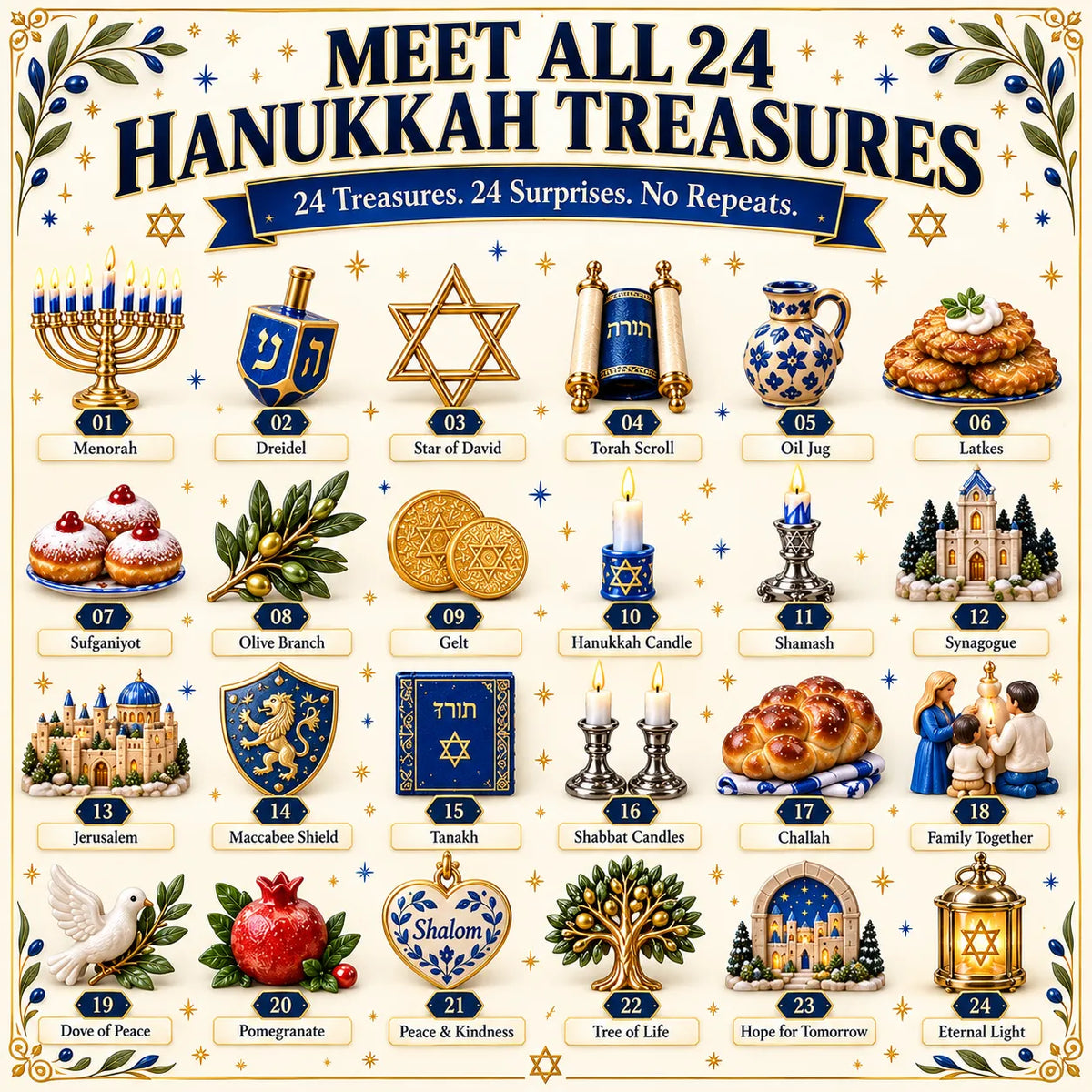 24 Treasures of Hanukkah | 24 Unique Symbols, Keepsakes & Daily Surprises Inspired by Light, Faith & Tradition