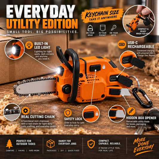 Mini Chainsaw Keychain Multi-Tool Rechargeable LED Flashlight & Retractable Utility Cutter