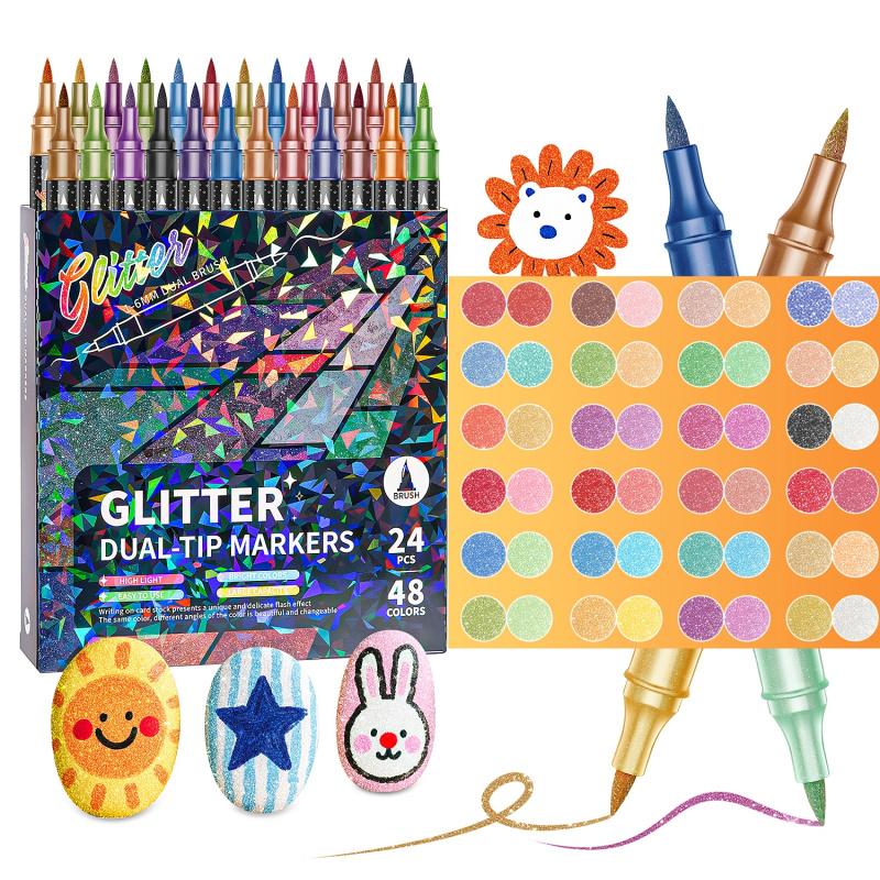 Glitter Effect Brush Markers: Create Sparkling Art Smoothly ( 24-96 Colors | Smooth No Clog | No Bleed Through )