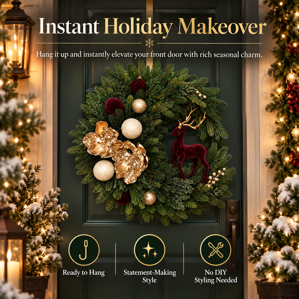 Luxury Burgundy Reindeer Christmas Wreath Elegant Champagne Gold Front Door Holiday Decor