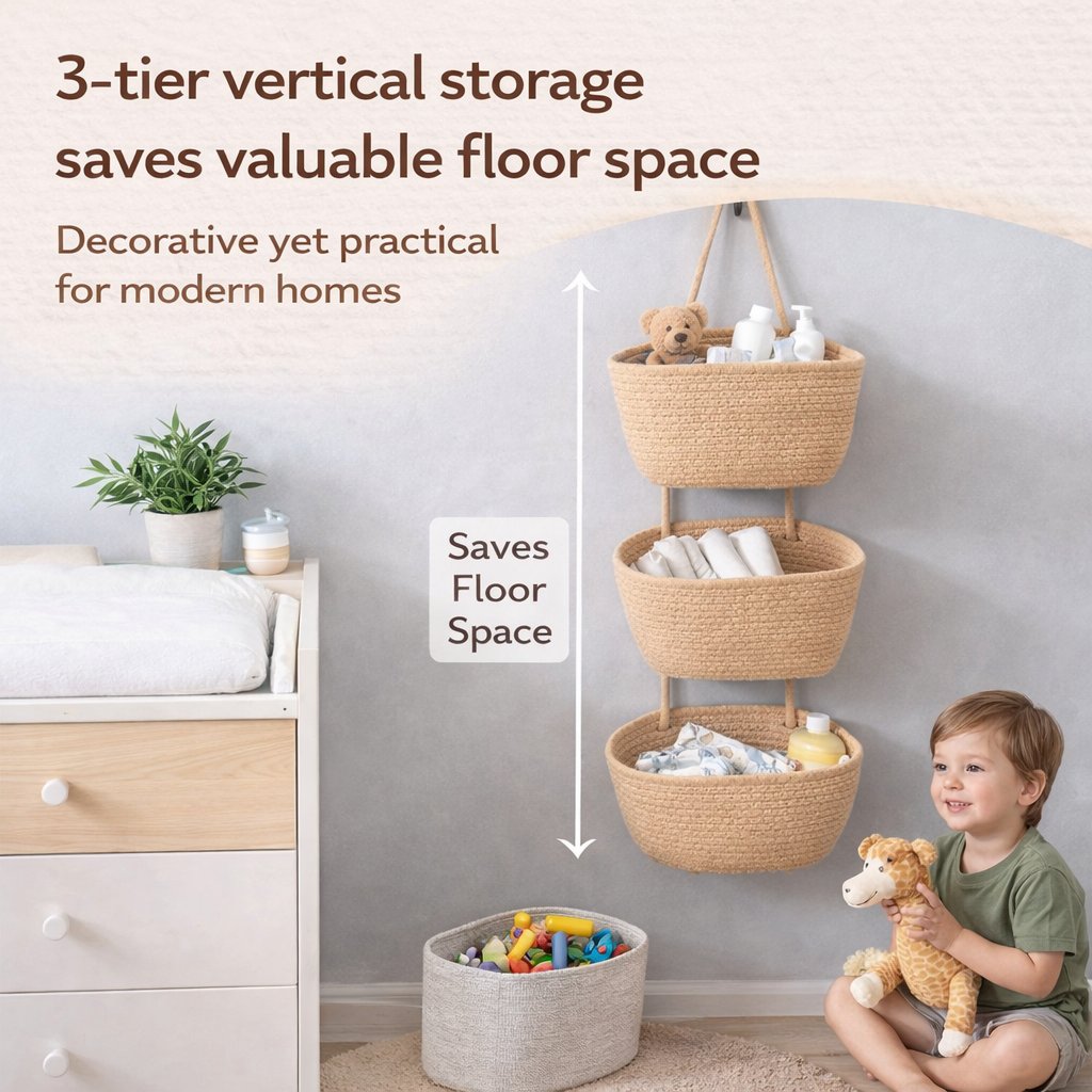 Woven cotton 3-Tier Over the Door Basket, Wall-Mounted Jute Storage Organizer