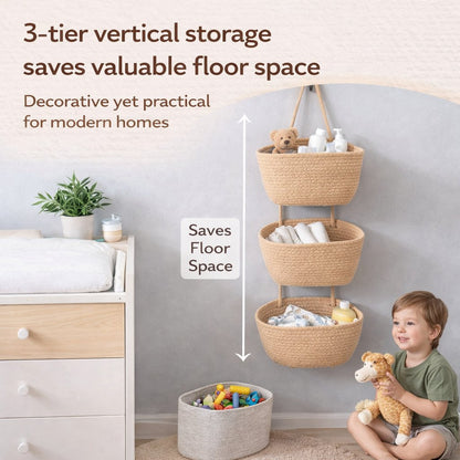 Woven cotton 3-Tier Over the Door Basket, Wall-Mounted Jute Storage Organizer