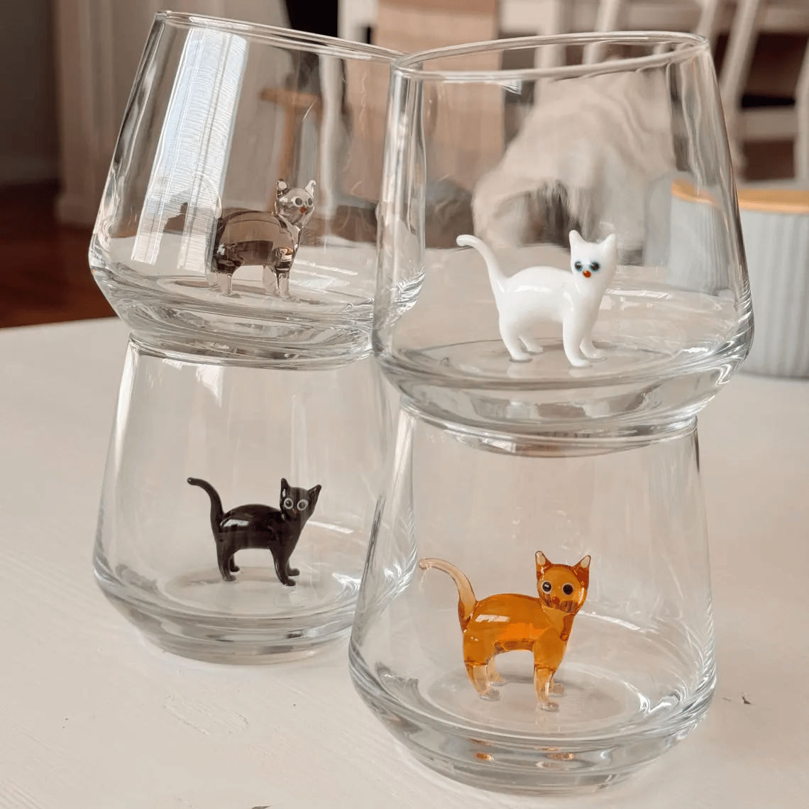 Handmade Murano-Style Cat Wine Glass Whimsical Art Glass for Cat Lovers