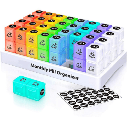 Monthly AM/PM Pill Organizer 30-Day Twice-Daily Medicine & Vitamin Case with Labels