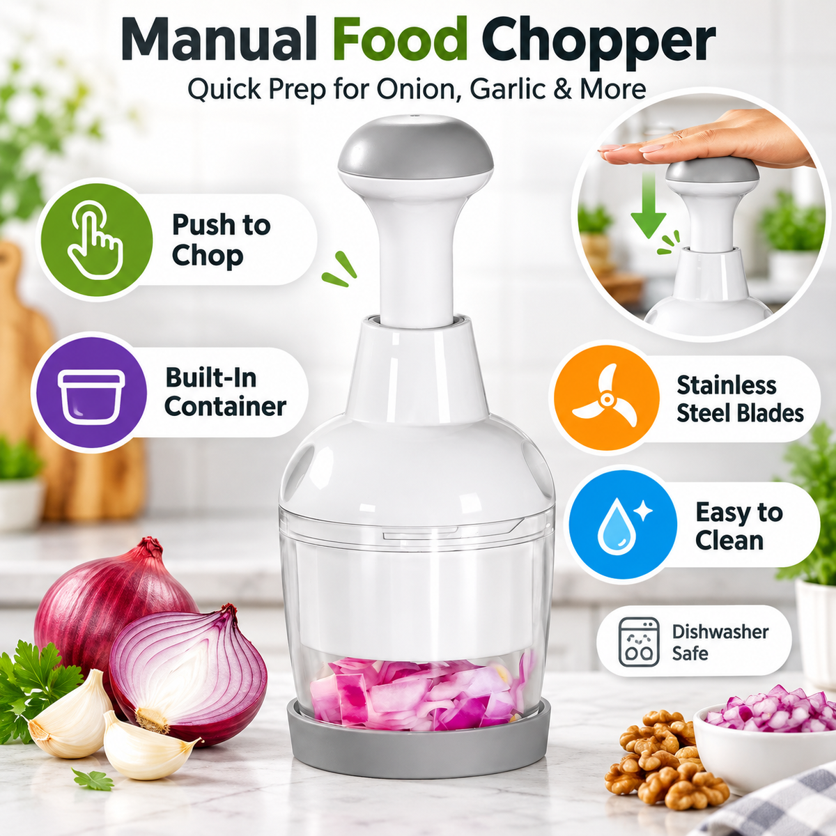Push & Chop Manual Food Chopper Quick Prep for Onions, Garlic, Veggies & More