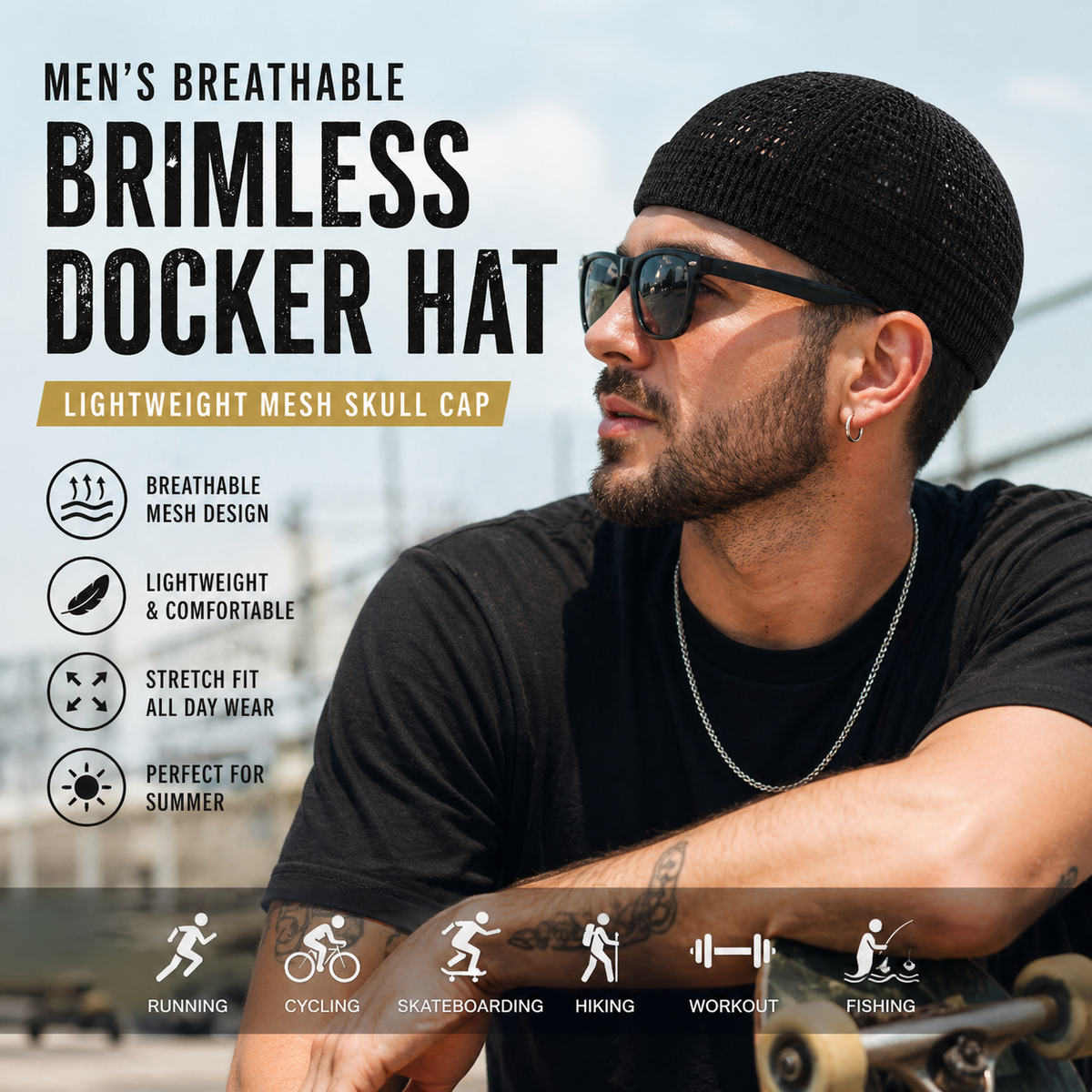 Men s Breathable Brimless Docker Hat Lightweight Mesh Skull Cap for Summer Outdoor Wear