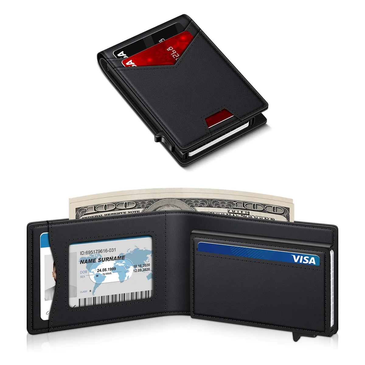 Men's RFID Minimalist Bifold Wallet - 1 ID Window, Pop Up Card Holder, Money Clip