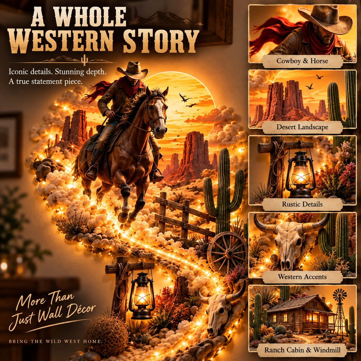 Western Cowboy LED Wall Decor Lighted Wild West Desert Scene with Horseback Rider, Cactus & Ranch Details