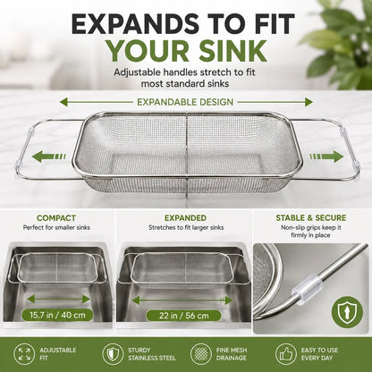 Expandable Over-the-Sink Colander Basket Wash, Drain & Dry with Ease
