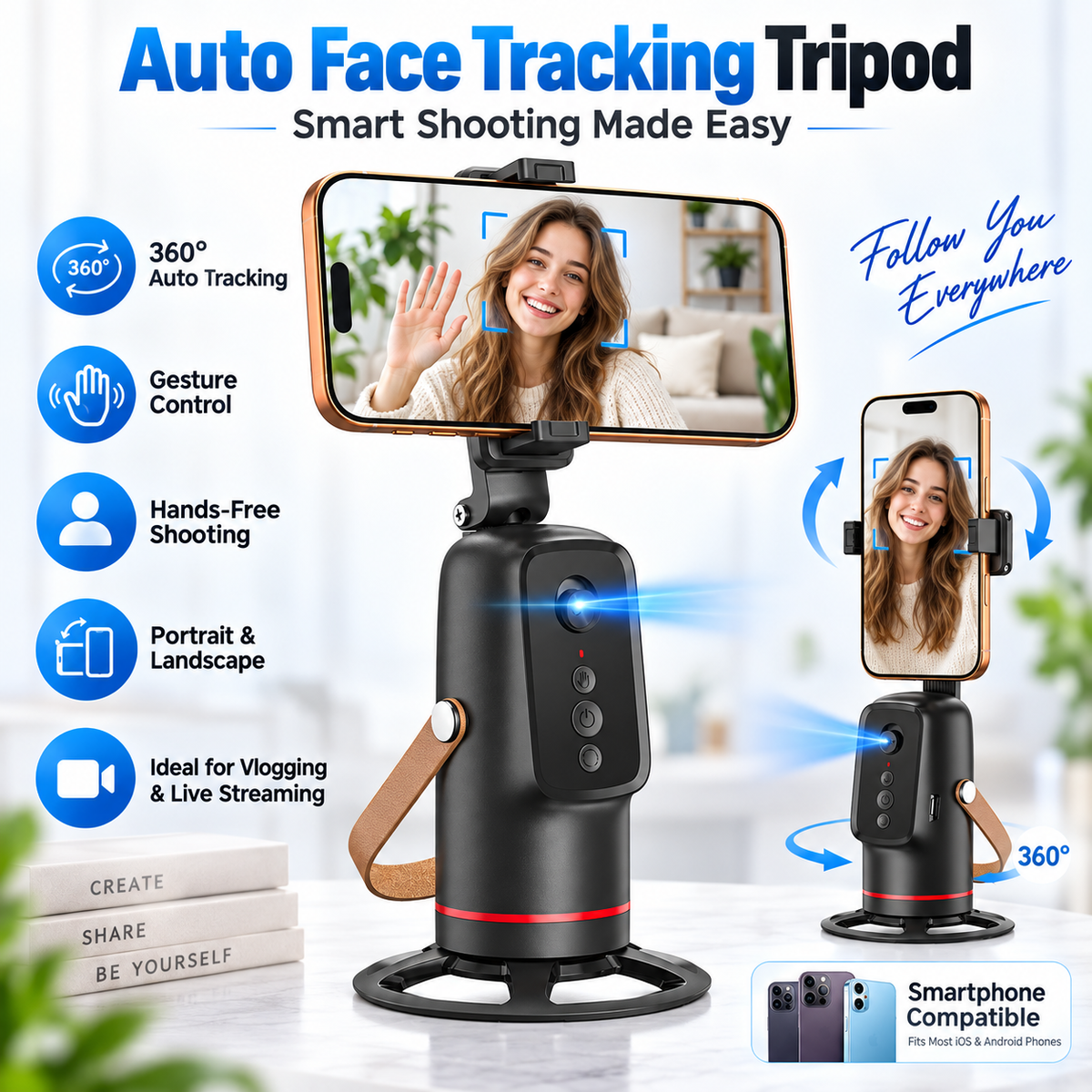 360 Auto Face Tracking Phone Holder Gesture Control Hands-Free Vlogging Stand