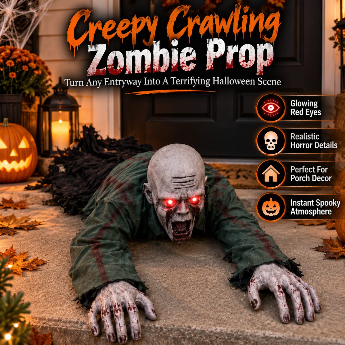 Crawling Zombie Halloween Porch Prop Glowing Red Eyes & Realistic Horror Decor