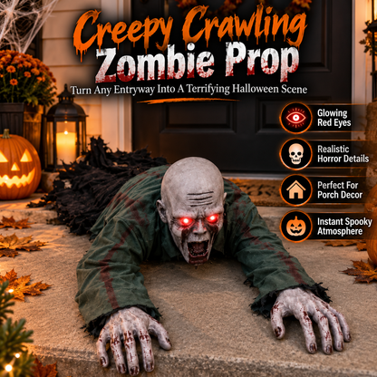 Crawling Zombie Halloween Porch Prop Glowing Red Eyes & Realistic Horror Decor