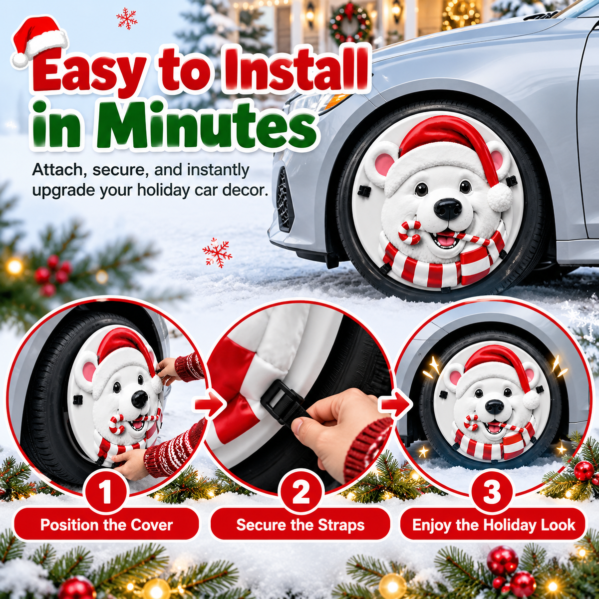 Christmas 3D Wheel Covers Festive Polar Bear & Nutcracker Car Decor