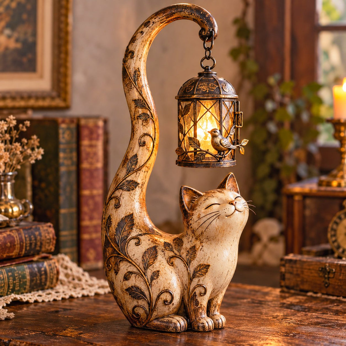 Vintage Cat Lantern Sculpture Lamp - A Little Guardian of Warmth, Memories & Cozy Corners