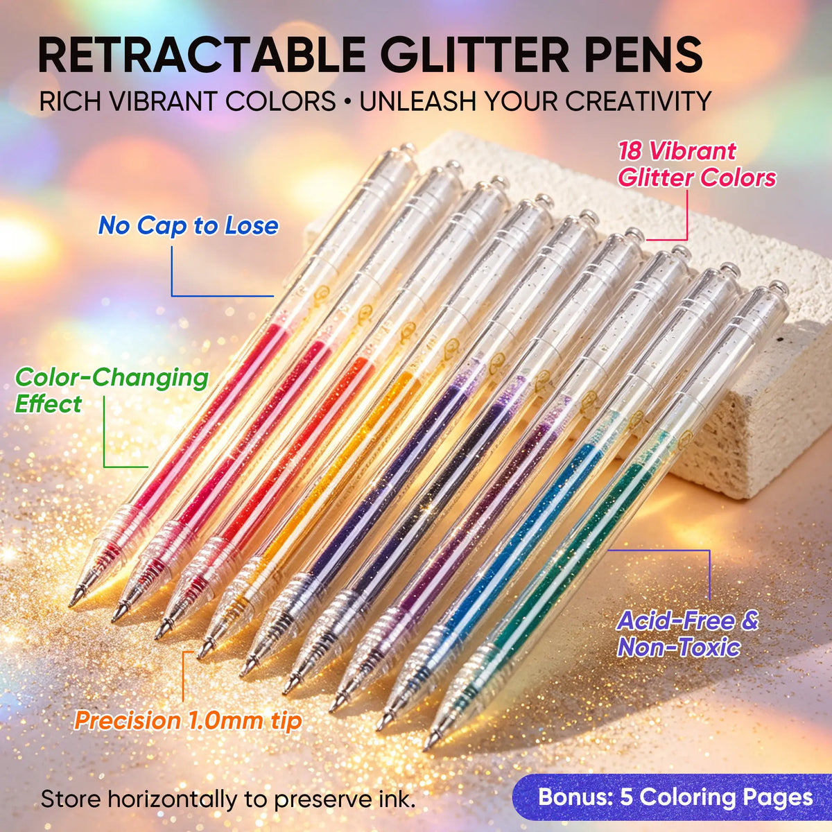 Selling Retractable Glitter Sparkle Gel Pens 1.0mm Fine Tip, Large Capacity Gel Pen Set for Art Journal & Hand Lettering