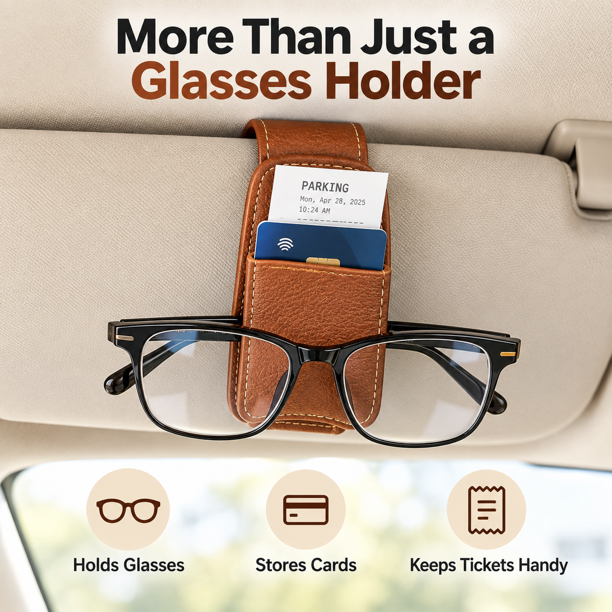 Magnetic Sun Visor Organizer Leather Sunglasses, Card & Ticket Holder