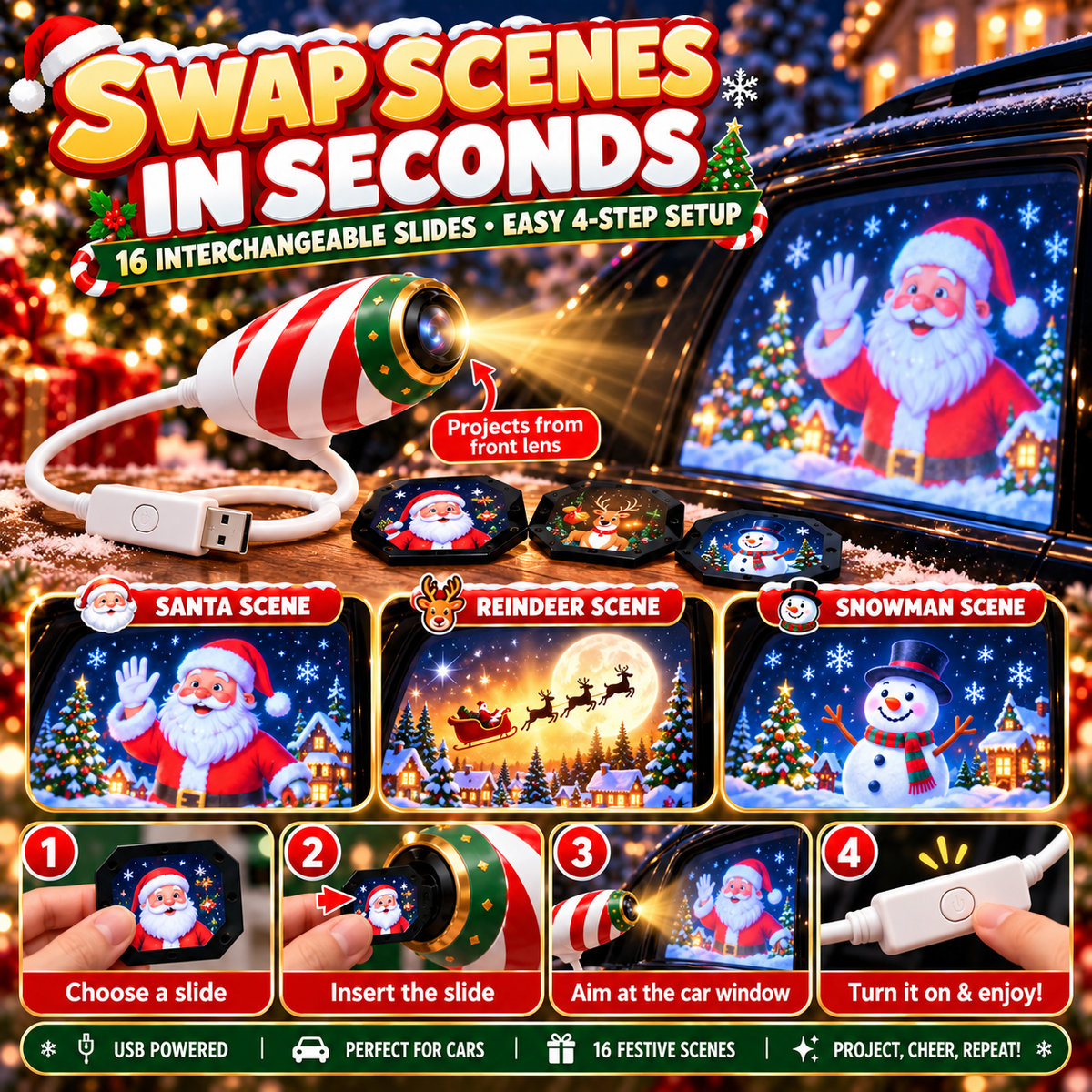 🎄 16-Scene Christmas Car Window Projector — 1 Projector + 16 Interchangeable Slides