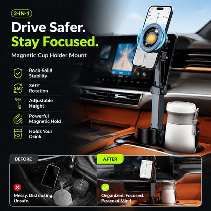 2026 Arrival Car Cup Holder Phone Mount 360 Adjustable, Strong N52 Magnet, One-Hand Operation, Fits All Phones