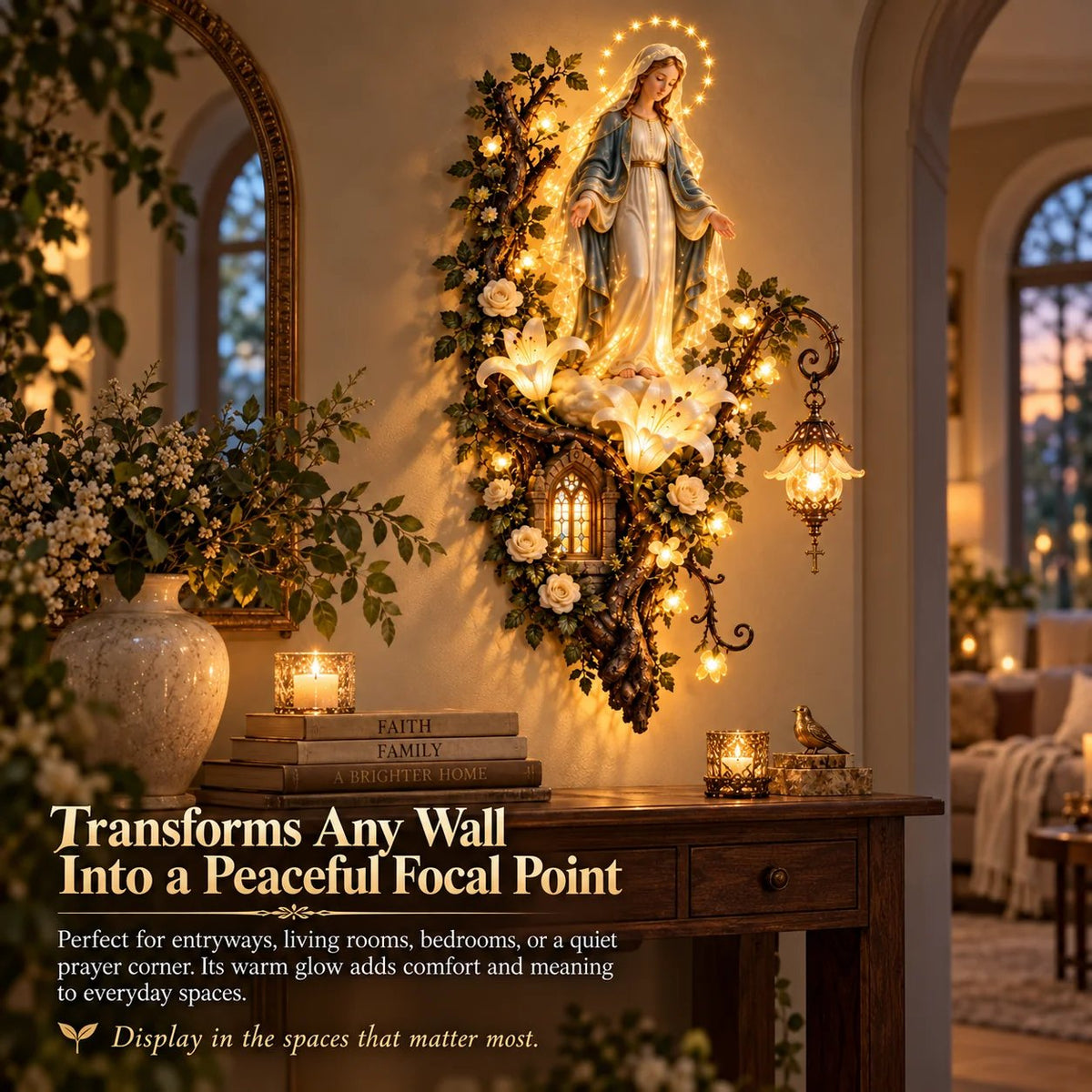 Blessed Mother Lighted Wall D cor | Virgin Mary 3D Religious Wall Art with Warm Ambient Glow