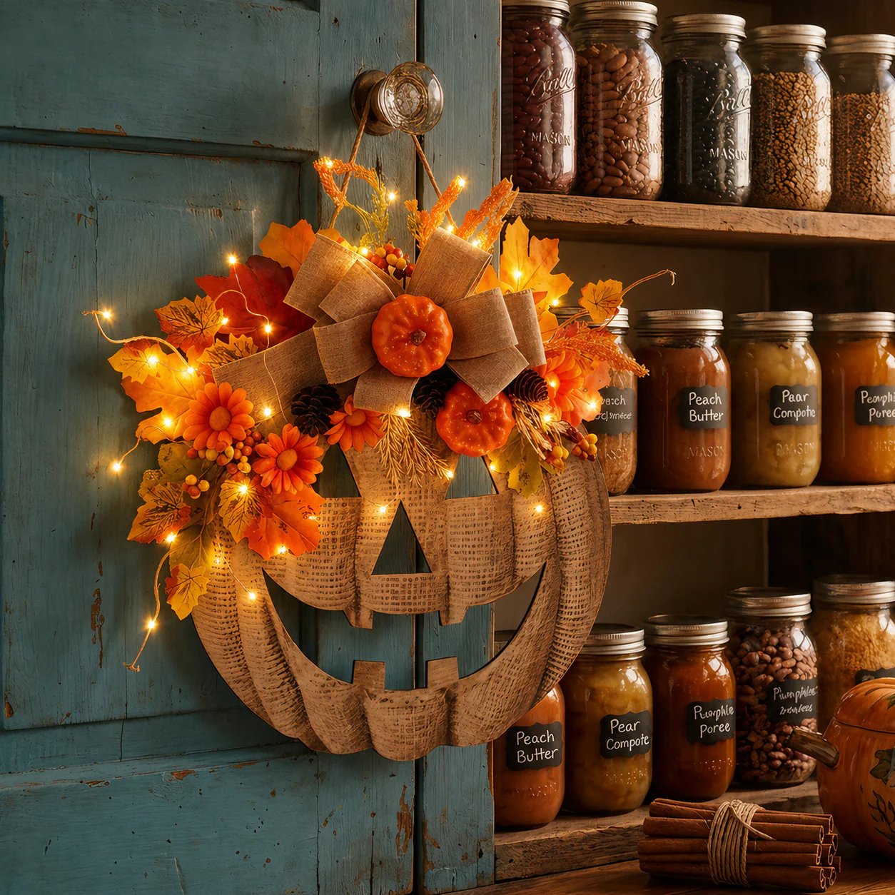 Lighted Burlap Pumpkin Wreath