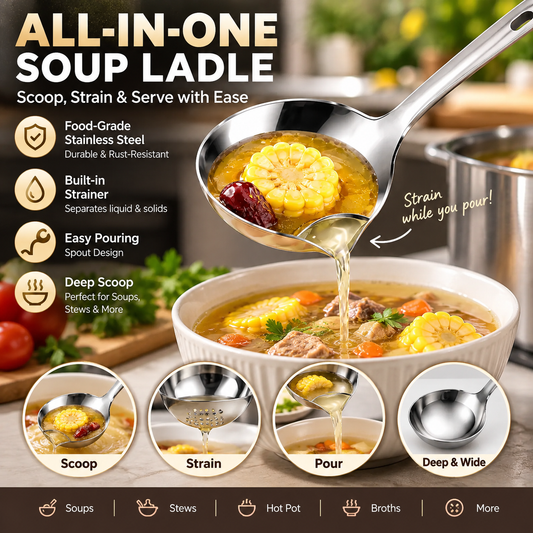 304 Stainless Steel Deep Soup Ladle Easy-Pour Serving Spoon for Soups, Stews & Pot