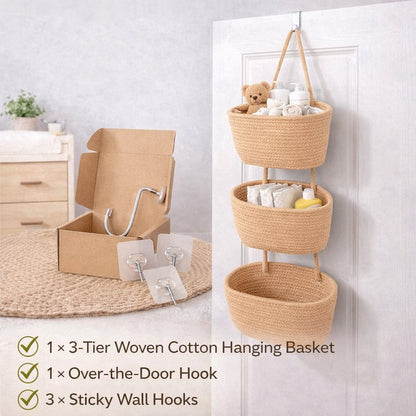 Woven cotton 3-Tier Over the Door Basket, Wall-Mounted Jute Storage Organizer