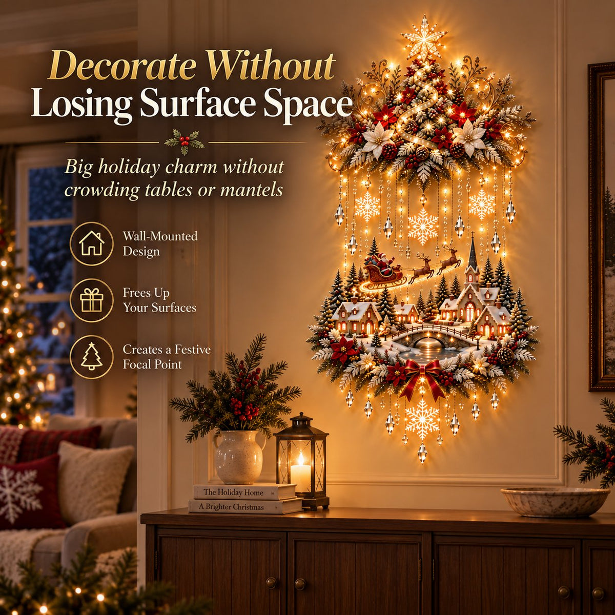 Illuminated Christmas Tree & Village Wall Hanging | Cascading Warm Lights for Living Rooms, Entryways & Staircases 63CM