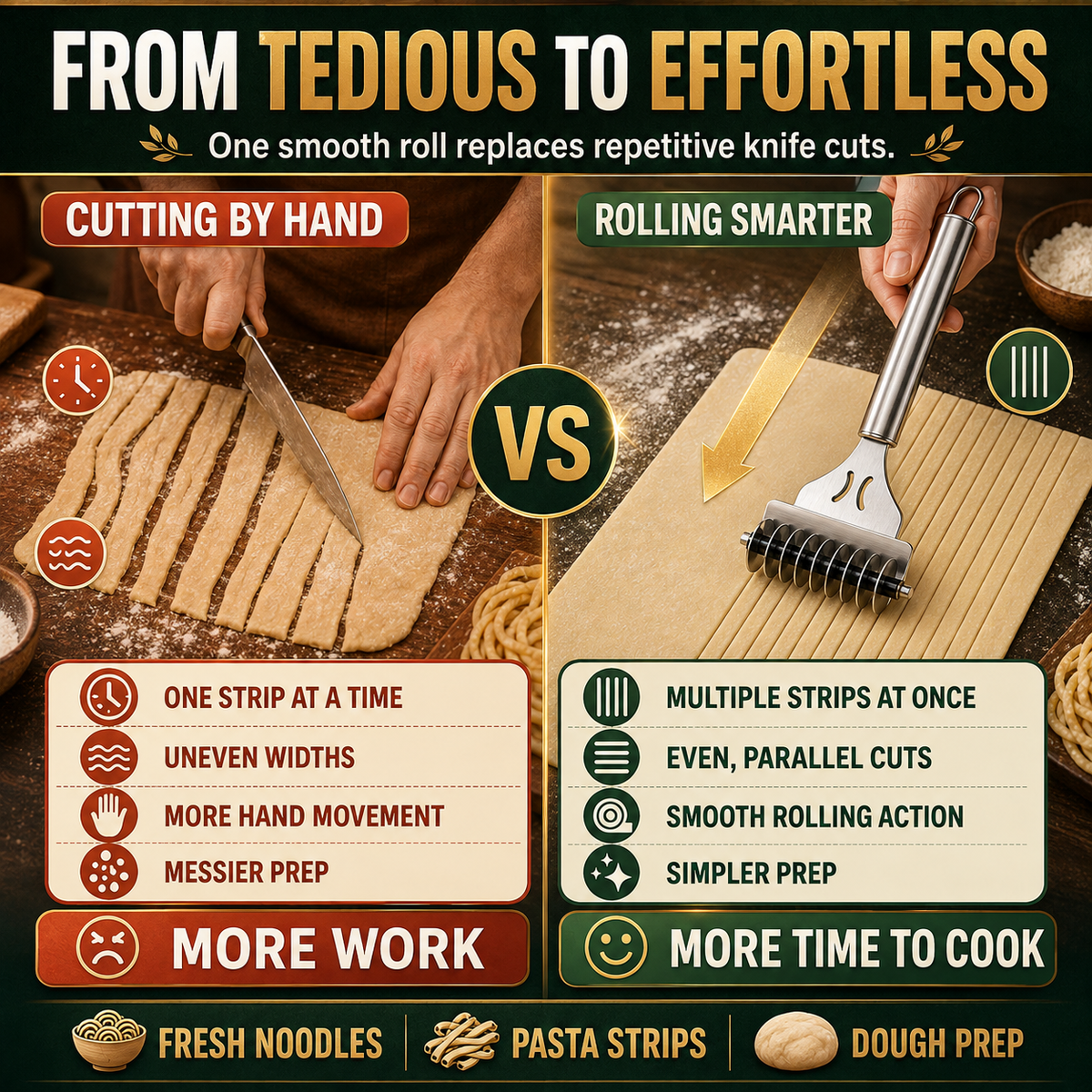 Stainless Steel 9-Wheel Rolling Noodle Cutter Fast, Even Homemade Pasta Strips