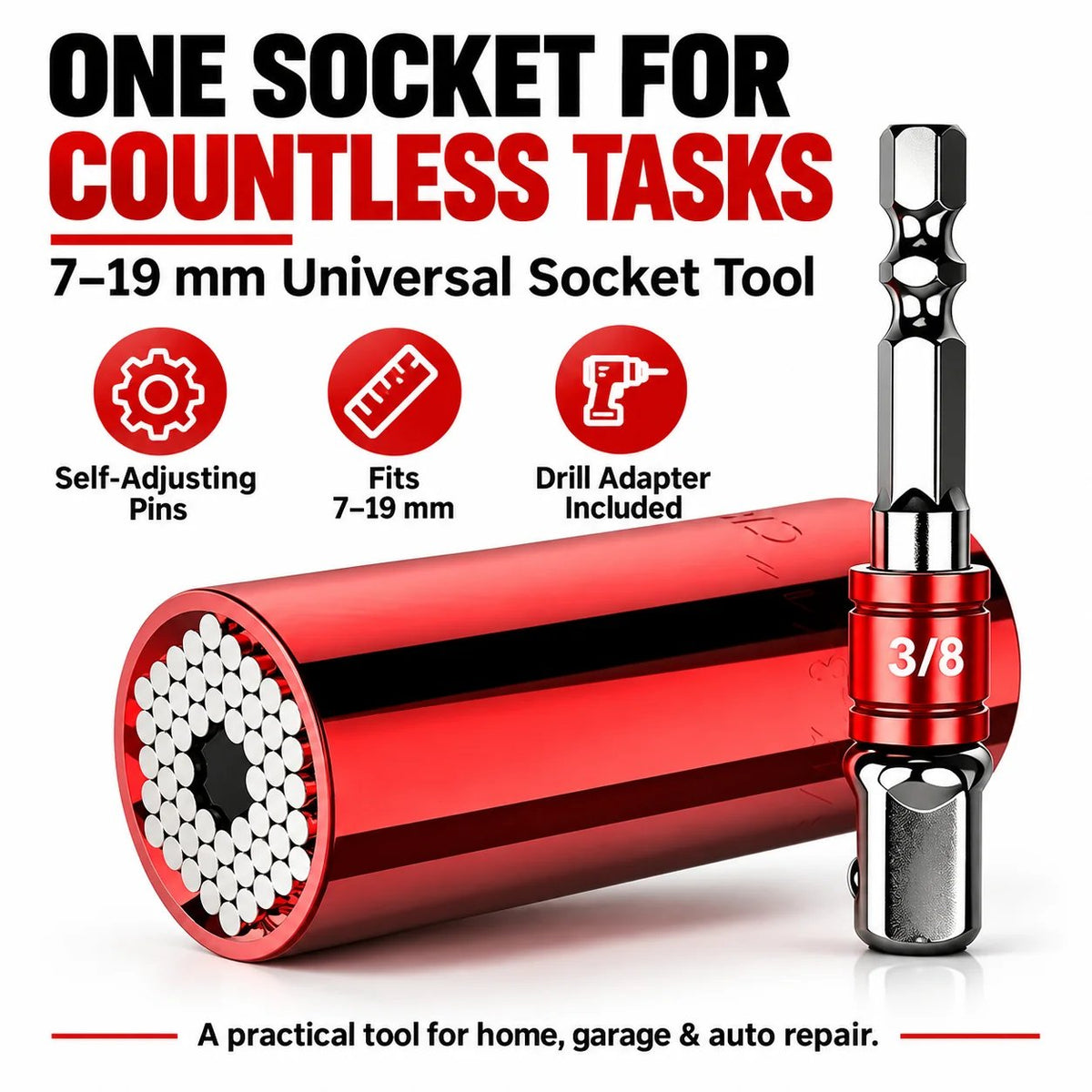 Universal Socket Tool 7 19mm Self-Adjusting Grip Socket with Drill Adapter